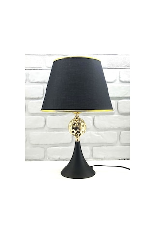 Siyah Ayaklı Gold Dövmeli Toplu Siyah Gold Şeritli Şapkalı Abajur Siyah - Altın