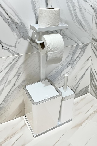3'ü 1 Arada Banyo Seti Tuvalet Kağıtlık, Çöp Kovası Ve Tuvalet Fırça Takımı Krom Beyaz Çok Renkli