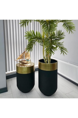 Dekoratif Eskitme Darbuka Siyah Saksı 70 Cm+Sehpa 60 Cm (Ikili Se