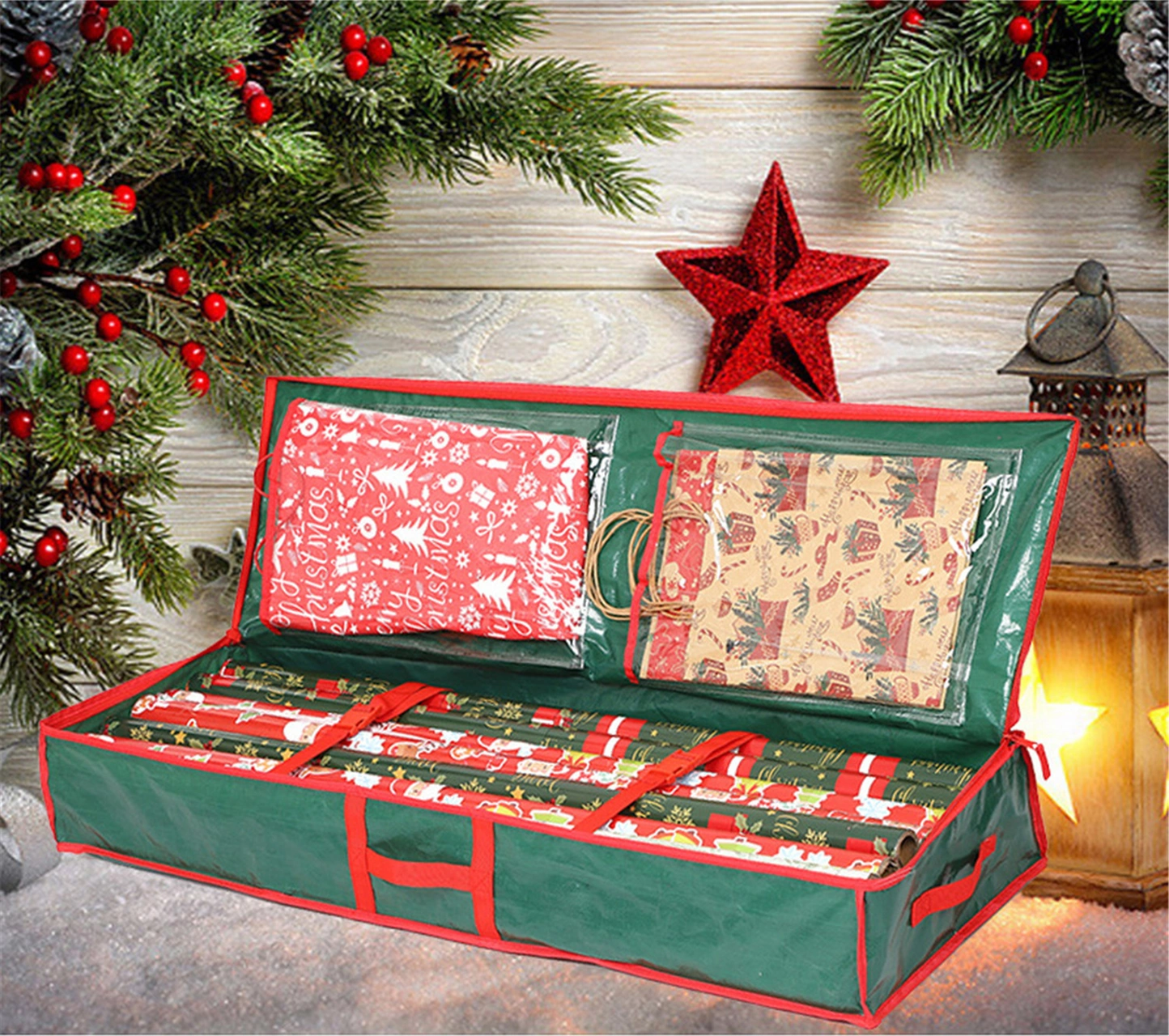 Dofolink Noel Paket Kağıdı Depolama Kutusu - Su Geçirmez Pe Malzeme İle Paket Kağıdı, Ribbon Ve Dekorasyonları Düzenleyen, Yatak Altı Saklama Kabı Yeşil Yeşil