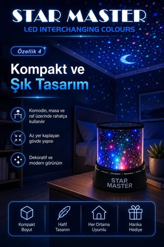 Çocuk Odası İçin Renkli Yıldız Yansımalı Led Gece Lambası Dekoratif Projektör Çok Renkli