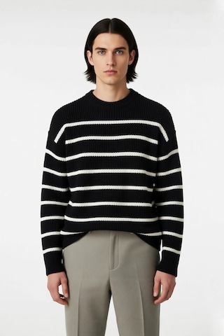 Frm Casual Erkek Kalın Triko Dokulu Bisiklet Yaka Çizgili Oversize Se Siyah