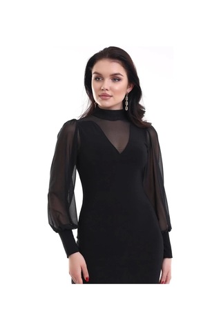 Defymoda Kadın Balıkçı Yaka Transparan Detay Fırsat Ürün Sandy Kumaş Mini Elbise Siyah