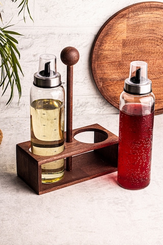 Boily - Ahşap Stantlı 2'li 500 ml Borosilikat Zeytinyağı Sıvıyağ Şişesi Yağdanlık Yağlık