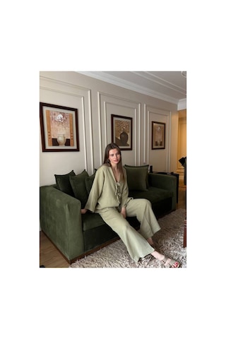 Mayrem Kadın Müslin Kumaş Bağlama Detaylı Oversize Alt Üst Takım Yeşil