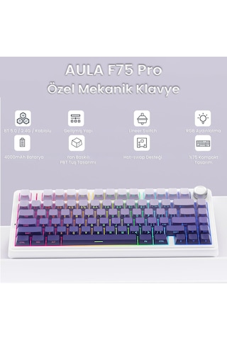 Aula F75 Mekanik Rgb Tkl Seiya Switch Kablosuz Makrolu Hot Swap Klavye Gradyan Mor