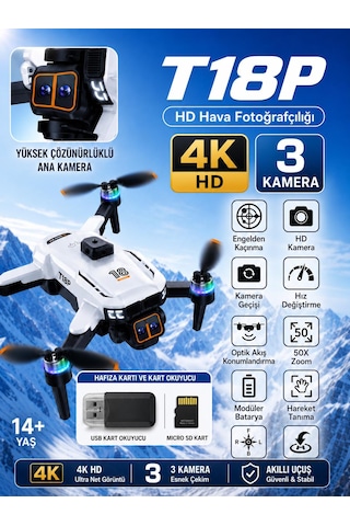 T18p Dron 4k Hd Hava Fotorafçılığı 3 Lens Usb Kart Okuyucu+kafıza Kartı Hediye Tek Tuş İniş Kalkış Ekranlı Kumanda Fırçasız Motor Havada Sabit Kalma 360 Derece Engel Algılama Elektirikli Kamera