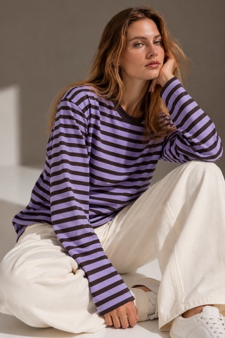 Wild Bee Kadın Lila Kahverengi Çizgili Pamuklu Bisiklet Yaka Oversize Bluz