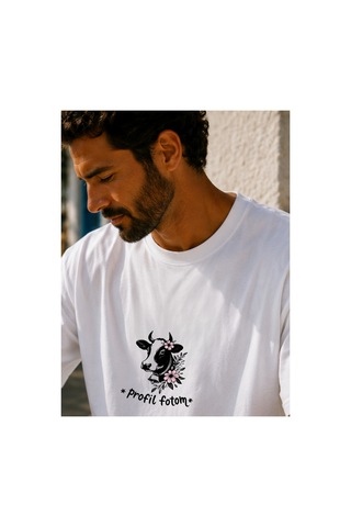 Qmen Style Unisex Beyaz Oversize Baskılı T-shirt Espirili İnek Baskılı %100 Pamuk