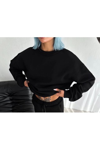 Mbb E-ticaret Kadın Bisiklet Yaka 3 İplik Pamuklu Basic Sweatshirt - Siyah