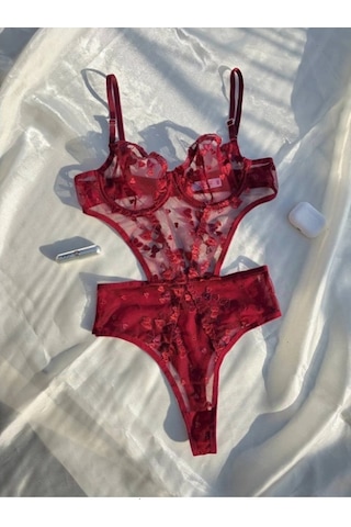 Arona Kadın Transparan Çiçek Desenli Tül Bordo Bodysuit Bordo