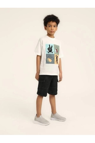 Escabel Erkek Çocuk Şapka Desenli Tasarım Pamuklu T-shirt-15627 Beyaz