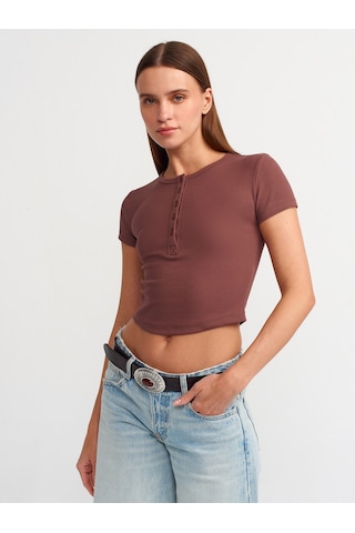 Dilvin Düğme Detaylı Crop Top Kahve