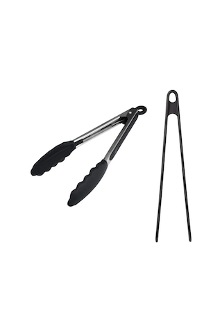 2 Li Maşa Seti Silikon Uçlu Paslanmaz Çelik Maşa 23 Cm + Büyük Boy Silikon Maşa 29 Cm Siyah