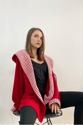 Mois Atelier Kazayağı Detaylı Kırmızı Triko Hırka, Tasarım, Hediye, Büyük Beden, Tesettür Kırmızı