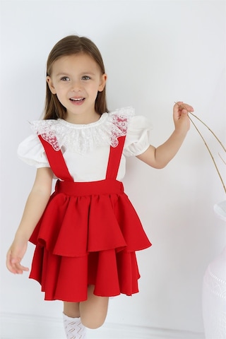 Kız Çocuk Helen Kırmızı Askılı Bağlama Jile 23 Nisan 29 Ekim Elbise Ekru Dantel Kısa Kollu Bluz Takım
