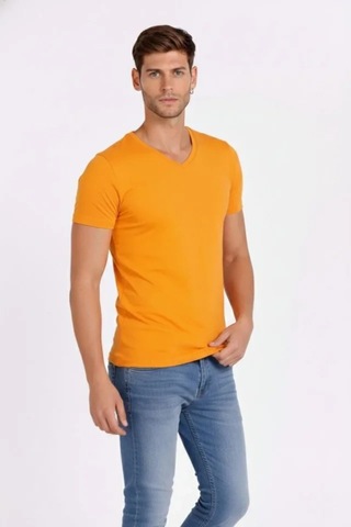 Butik İstanbul Erkek T-shirt V Yaka Slim Fit Dar Kesim Likralı Tişört Günlük Basic Body - Sarı