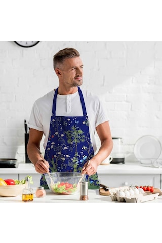 Lacivert Çiçek Detalı Mutfak Önlüğü Keten Kumaş, Uluslararası Yıkama Ve Solmama Sertifikası Çok Renkli