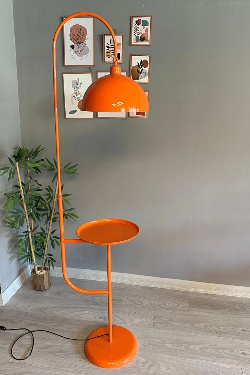 Dimmerli Işığı Ayarlanabilen Işığı Artırılıp Azaltılabilen Turuncu Tepsili Hareketli Başlık Metal Lambader Turuncu