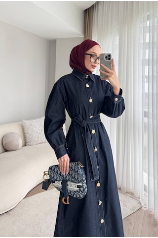 Meecy Gold Düğmeli Denim Tesettür Elbise Lacivert Lacivert
