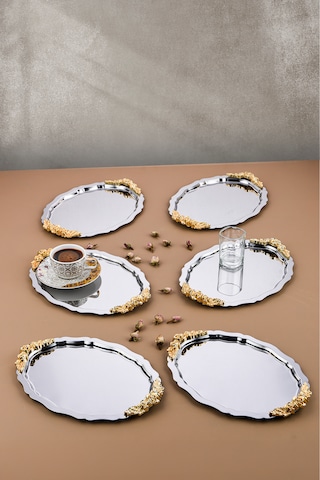 6 Adet Oval Model Gül Motifli Kahve-çay Sunum Tepsisi 25x20 Cm