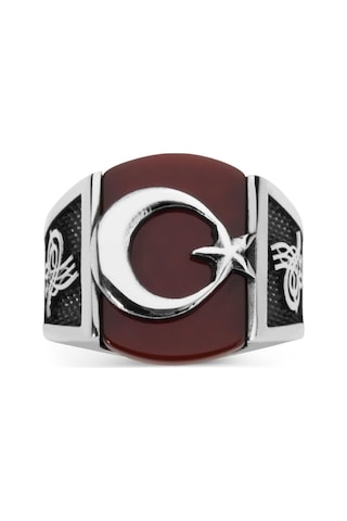 Gümüş Akik Taşlı Tuğralı Ay Yıldız Erkek Yüzük