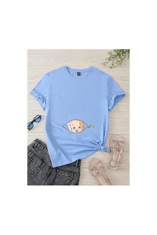 Caxis Fermuar Bebek Baskılı Oversize Hamile Tişört Bebe Mavisi
