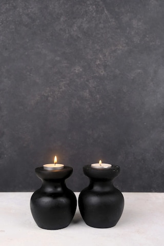 2 Li Siyah Büyük Nar Model Tealight Ahşap Şamdan Seti Dekoratif