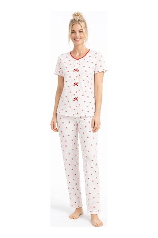 Kadın 01567 Kısa Kol Kaşkorse Pijama Takımı Beyaz