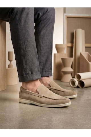 DMR Elegance Ba0252 %100 İçi Dışı Hakiki Deri Erkek Krem Süet Casual Loafer Termo Taban Ayakkabı Rekli