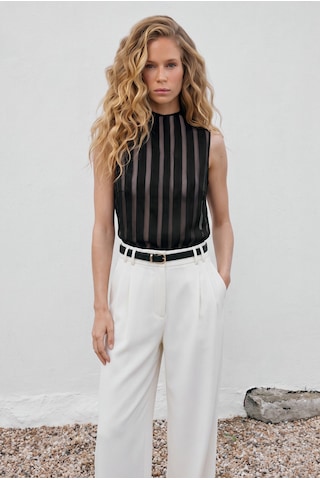 Sateen Çizgili Organze Kolsuz Bluz - Siyah-137672