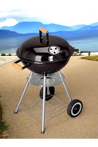 Yuvarlak Kömürlü Mangal Ahşap Kulplu Tekerlekli Mangal 44 Cm