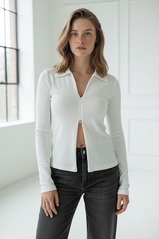 Beyaz Polo Yaka Çift Fermuarlı Slim Fit Kadın Body Mg2652 Beyaz