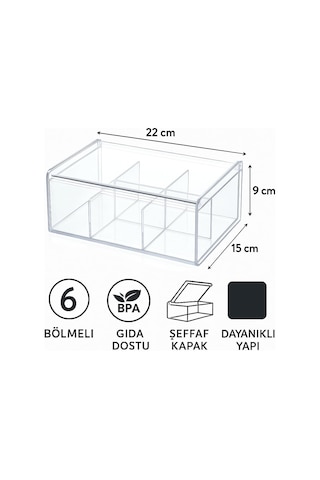 Lirazon 6 Bölmeli Plastik Çay Kutusu Şeffaf Kapaklı, Gıda Dostu, Düzenleyici Kutu, Baharat/çerez/şeker Saklama Kabı Mutfak Organizeri Sku: Smgstk2c716eaf81 Açık