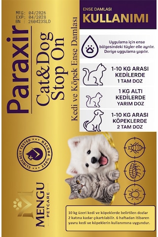 Mengu Petcare Paraxir Kedi Ve Köpek Damlası Pire Dış Parazit Bit Kene Deri Bakımı Için Bitkisel Damla 1-10 Kg 4 Tüp X 1 Ml