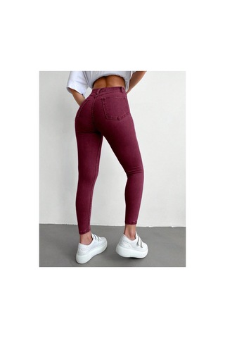 Kene Jeans Yüksek Bel Bordo Keten Dar Paça Pantolon Bordo