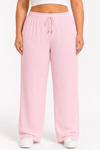 DefyModa Battal Beden Bürümcük Kumaş Beli Lastikli Bağcıklı Bol Paça Palazzo Pantolon - Pembe