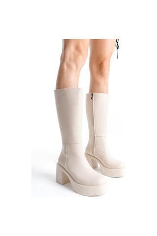 Ventes Kalın Taban Topuklu Fermuarlı Diz Altı Sade Klasik Kadın Çizme 914303-z TEN CİLT