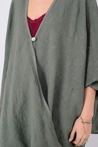 Bohem Kuruvaze Tek Düğmeli Keten Bluz-9884 Haki