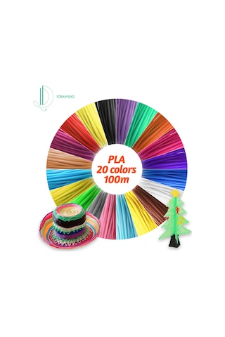 Yaozixa Pla Materyal 3d Yazıcı Kalemi Filamenti, 1.75mm Dairesel Kesit, 20 Renkli, 5m X 20 Bobin Toplam 100m , Çevre Dostu Paketli