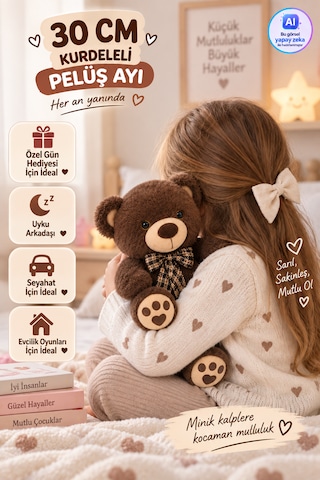 30cm Kurdeleli Pelüş Ayı Yumuşak Dokulu Sevimli Pati Detaylı Oyuncak Peluş Ayıcık Acı Kahverengi