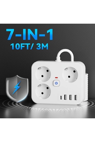 Xuweiwei 7si 1 Arada Güç Şeridi 3 Ac Çıkışı 3 Usb 1 Tip-c Aşırı Yük Koruması Duvara Monte Beyaz 3.05 Metre Uzatma Kablosu Ev Ofis Seyahat İçin