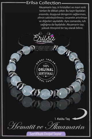 Sertifikalı Gerçek Fasetli Hematit - Akuamarin Taşı Bileklik Çok Renkli