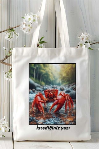 Art Hediye Yengeç Baskılı Bez Çanta Omuz Çantası Kişiye Özel Desen 1 Çok Renkli