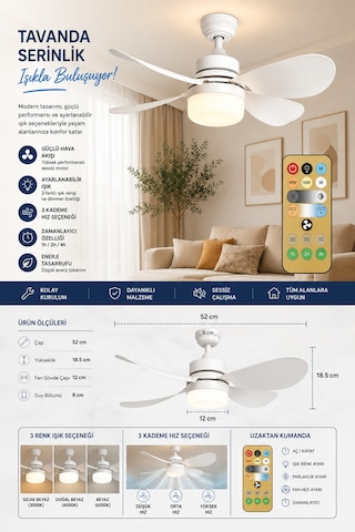 Kumandalı Tavan Vantilatörü 40w E27 Duylu Led Işıklı Sessiz Tavan Fanı 3 Kademeli Ayarlanabilir Hız