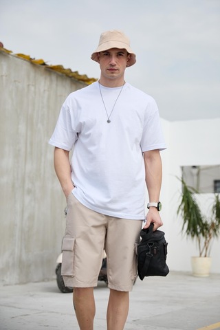 Bej Renk Kargo Cepli Paraşüt Kumaş Erkek Şort-1556 Bej