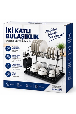 Siyah - Metal 2 Katlı Tabaklık - Bulaşıklık 5492 Çr