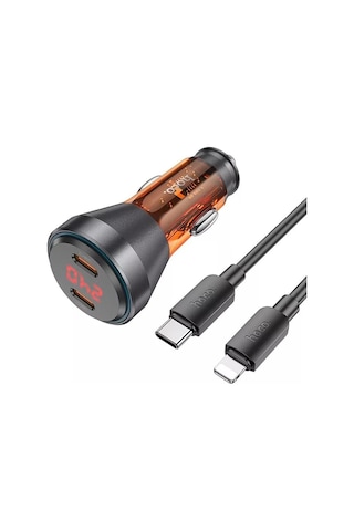 Hoco Nz12c Graceful Pd60w 2 Type-c Girişli Araç Çakmaklı Hızlı Şarj Aleti + Type-c To İphone Kablo- 5775