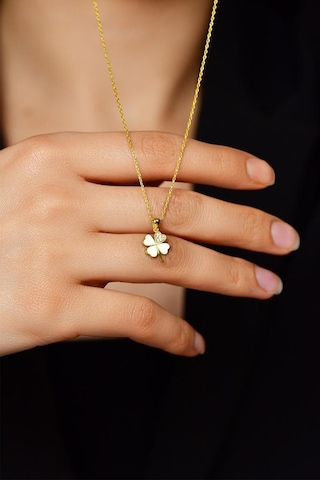 Zirkon Taşlı Gold Dört Yapraklı Yonca Gümüş Kolye