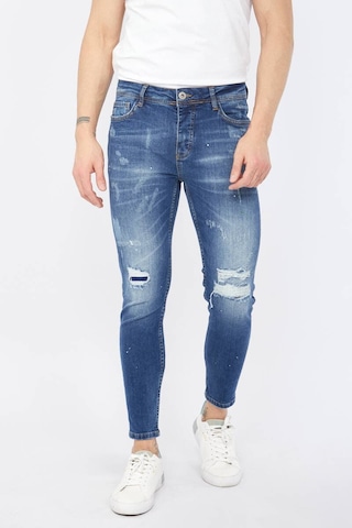Blue White Erkek Skinny Fit Yırtık Detaylı Jean Koyu Mavi 26